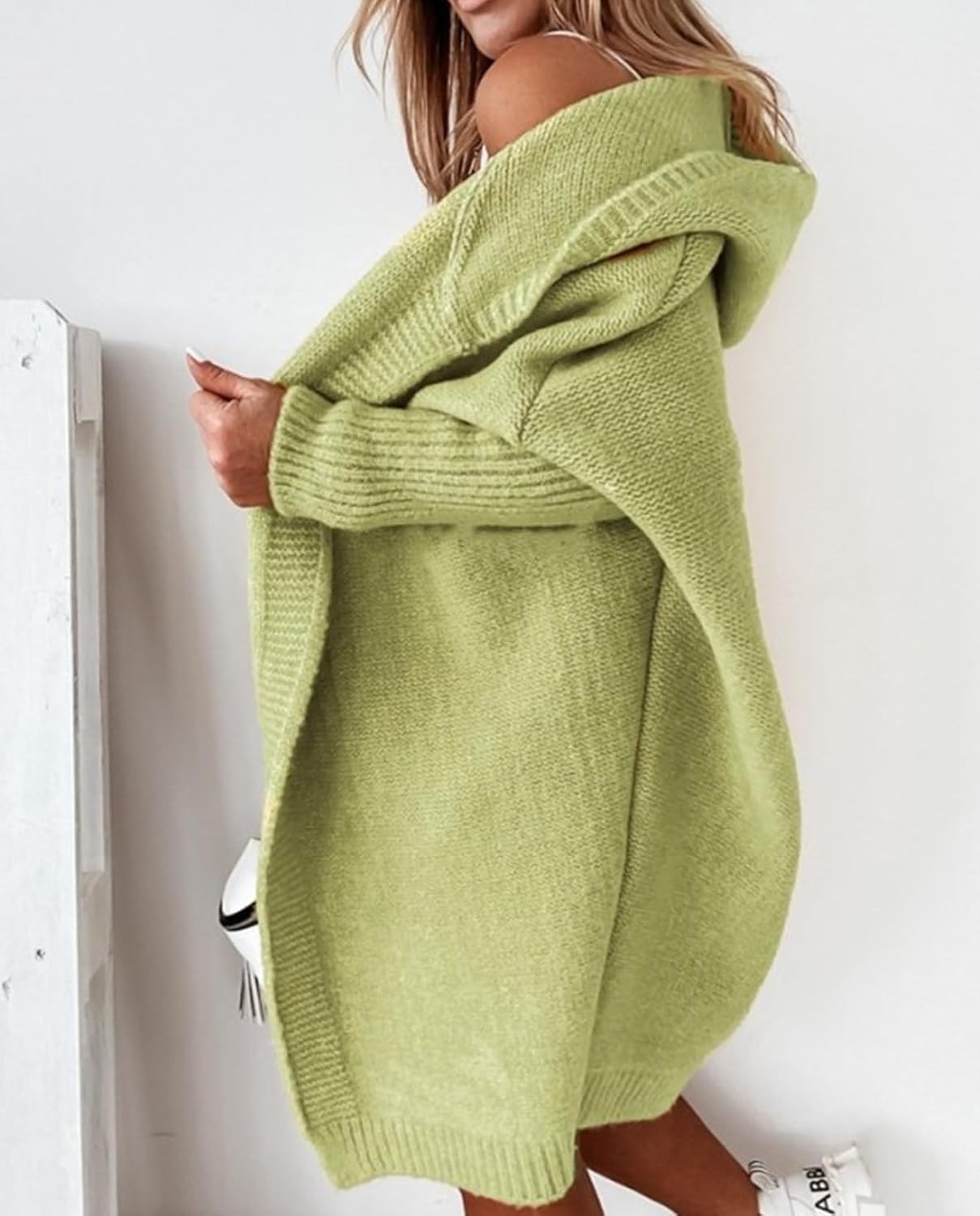 Knitted Hooded Sweater for Womens Casual Open Front Cardigan Winter Sweater Batwing Sleeve Long Sweater Coats - Image 5