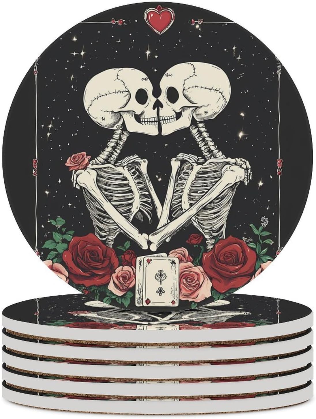 Skull Flower Coasters for Drink Round Ceramic Coaster with Cork Base Home Decorative 6PCS