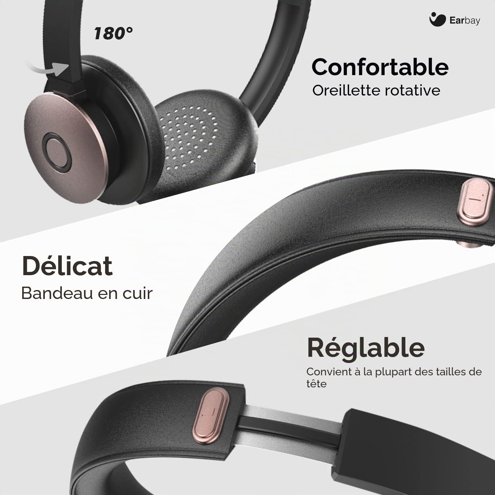 Casque Bluetooth sans fil avec microphone antibruit, casque supra-auriculaire avec clé USB et bouton muet, 26 heures de temps de conversation pour PC/bureau/zoom/Skype Or rose