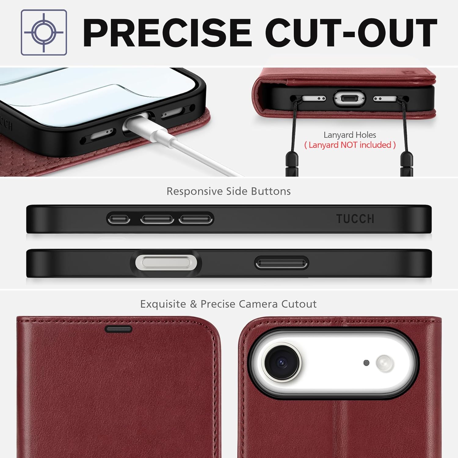 TUCCH Case Wallet for iPhone Air (6.5") 2025, Stand | RFID Blocking | 4 Card Holders | TPU Shockproof Inner Shell | PU Leather | Magnetic Closure Folio Protective Cover | Dark Red
