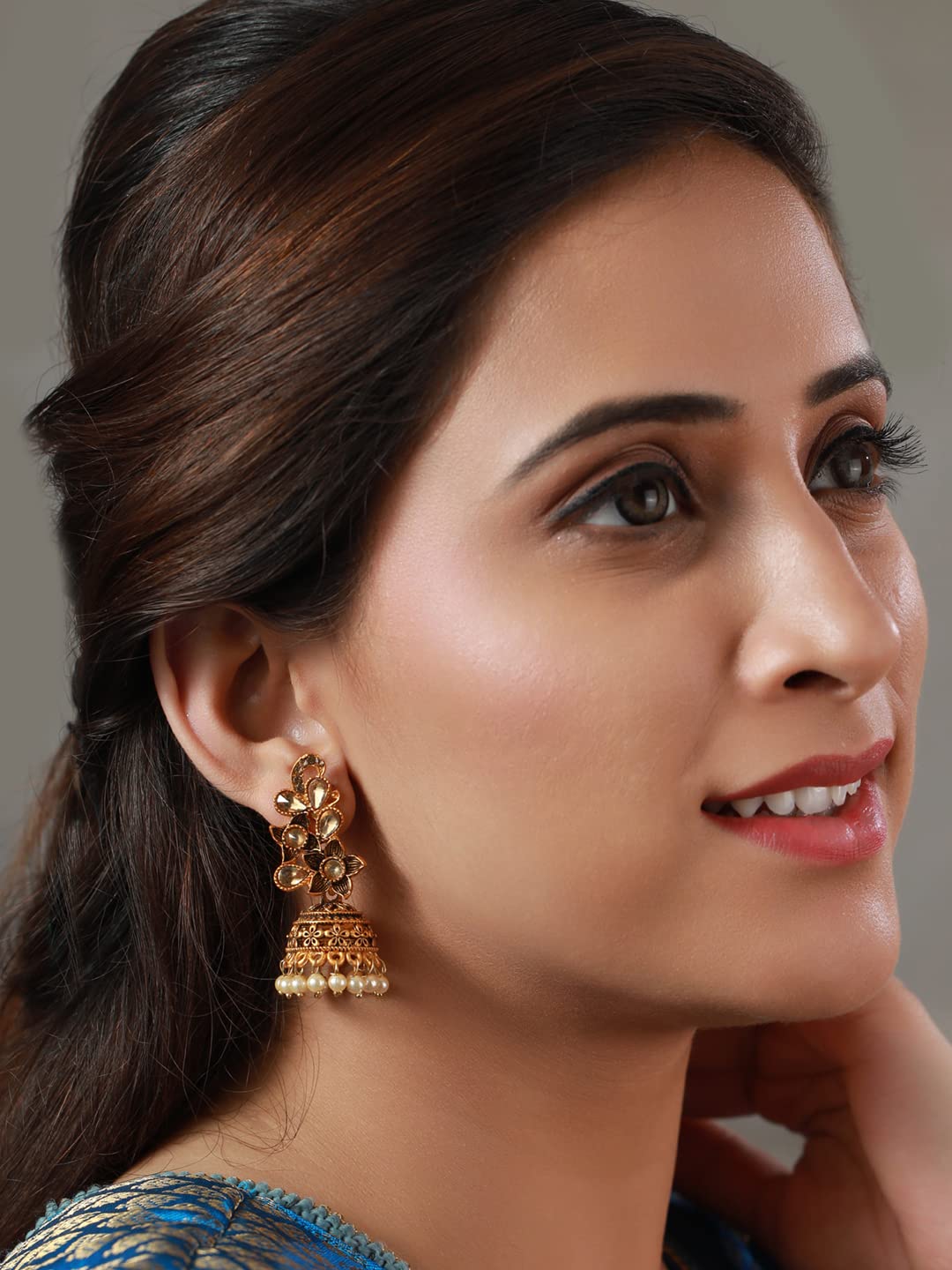 Studded Floral Pearl Plated Jhumka Earrings