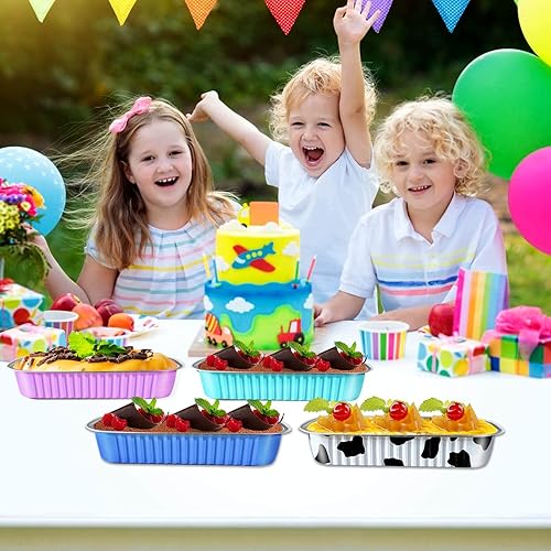 Miniatura 6 de JOYKLE Mini moldes para tartas con tapas, mini moldes para hornear, tazas largas de papel de aluminio, paquete de 50 mini moldes para pan y tapas,