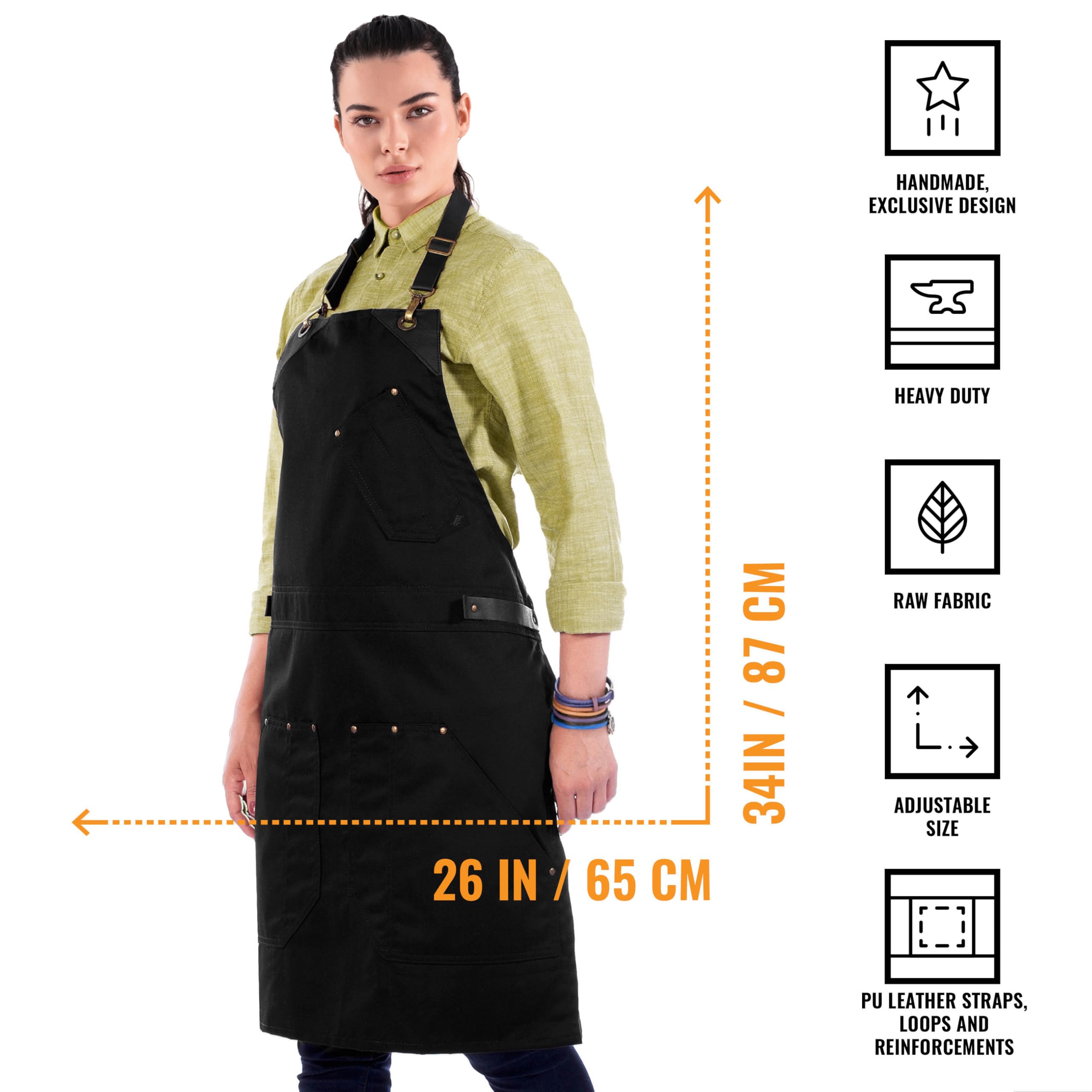 Under NY Sky Delantal de Función Doble - Sarga Negra - Correas de Cuero Negro sin Amarras - Multi Bolsillos Remachados - Hombre, Mujeres, Chef, Barista, Camarero, Barbero, Barman, Tienda, Peluquero