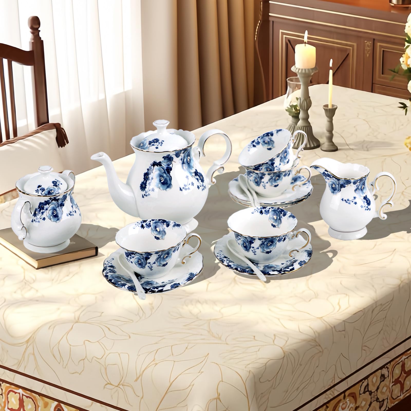 Amazon.com | Bone China Tea Set, 21 Pieces Blue and White