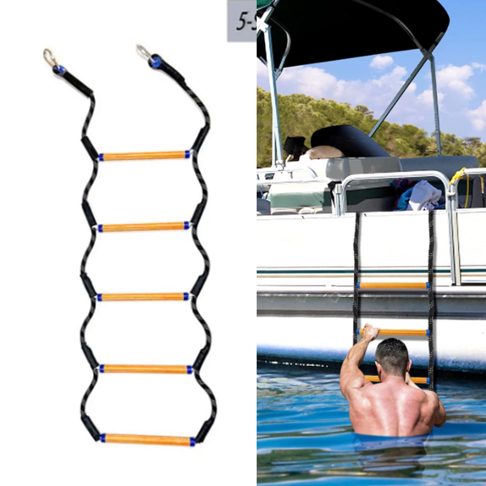 Scala da barca marina a 5 gradini - Aiuto per l'arrampicata pieghevole con corda rimovibile per la caccia, canoa, kayak