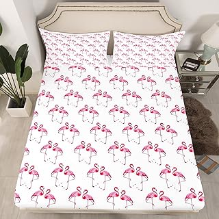 Erosebridal Flamingo Bed Sheets, Kawaii Animal Fitted Bed Sheets Twin for Kids Girls Boys Children Bedroom, Toucan Flamingos Fitted Sheet Girly Pink Soft Microfiber Bed Sheet Christmas Decorations