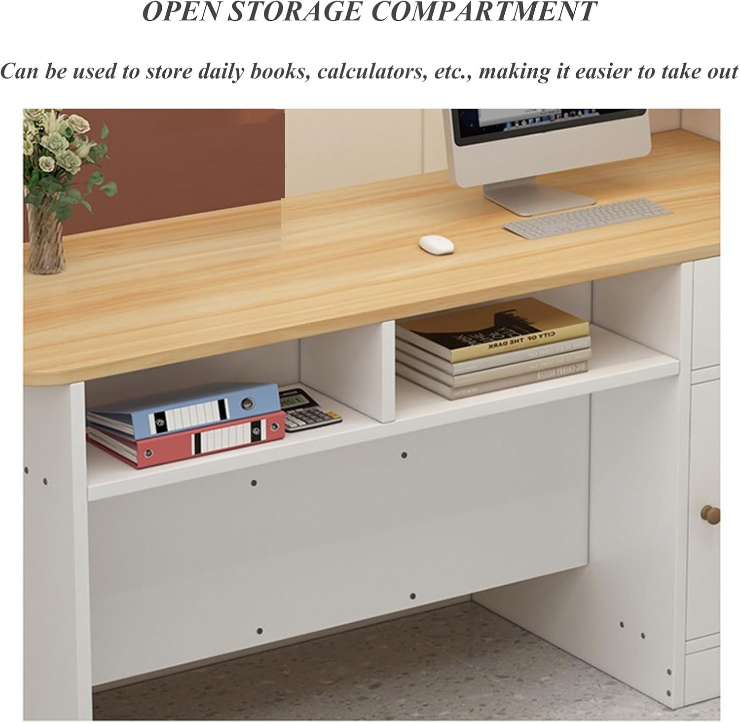 Modern Retail Reception Desk Front Counter Desk Transaction Counter with Display Shelf & Drawers, L-shap Checkout Counter Wooden Welcome Desk Computer Desk ,for Lobby, Store, Office, Beauty Salon