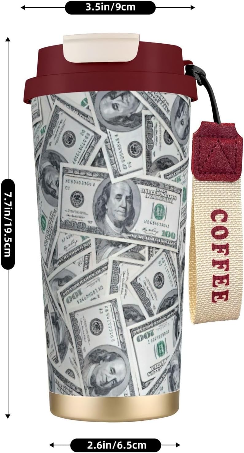 Funny Dollar Money Print Leakproof Insulated Coffee Mug,Stainless Steel Dual Drink Travel Tumbler,17 OZ