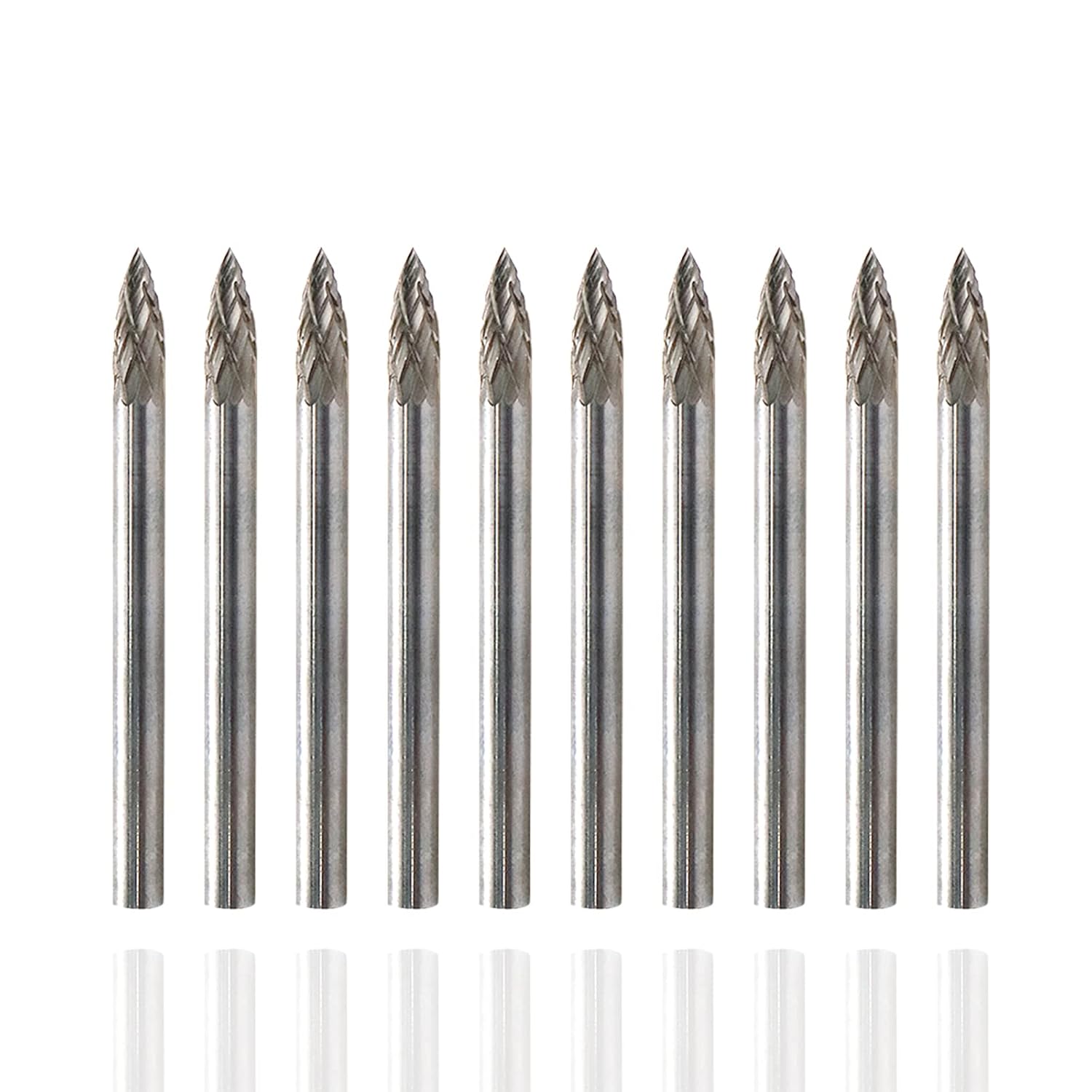 Carbide Rotary Burr Bits Set 1/8" Shank Dia 1/8" Head Dia Double Cutting Cone Shape Grinding Bit for Metal Wood Carving Engraving Polishing - 10pcs