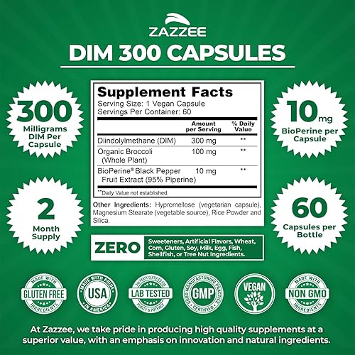 Miniatura 2 de Zazzee DIM 300 mg por cápsula, 60 unidades, más 10 mg BioPerine, equilibrio de estrógeno, acné hormonal, apoyo para la menopausia, equilibrio