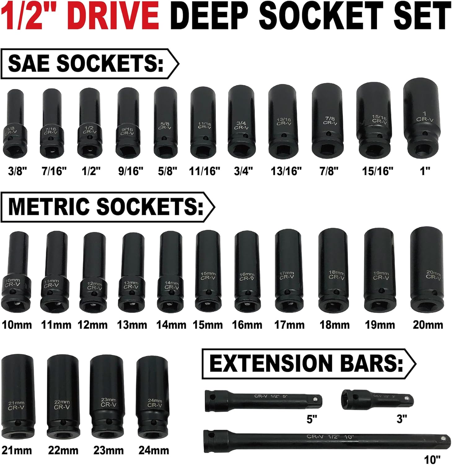 29pcs 1/2" Drive Impact Socket Set, Deep & Standard Sockets with Extension Bars, Cr-V Steel, SAE 3/8"-1", Metric 10mm-24mm