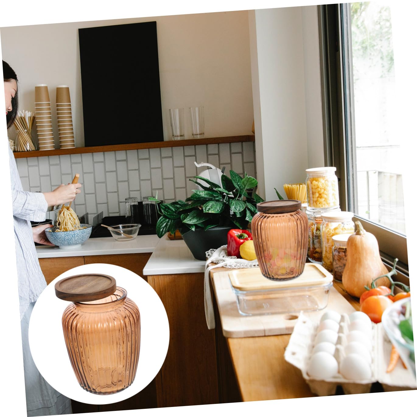 Cabilock Luftdichter Kaffeebehälter aus Glas mit Holzdeckel Transparentes Vorratsglas für Trockenlebensmittel Hülsenfrüchte und Getreide