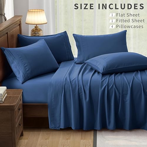 Miniatura 3 de TREELY Juego de sábanas tamaño King de 6 piezas de microfibra cepillada, tamaño King, color azul marino, sábana bajera ajustable de 16 pulgadas de