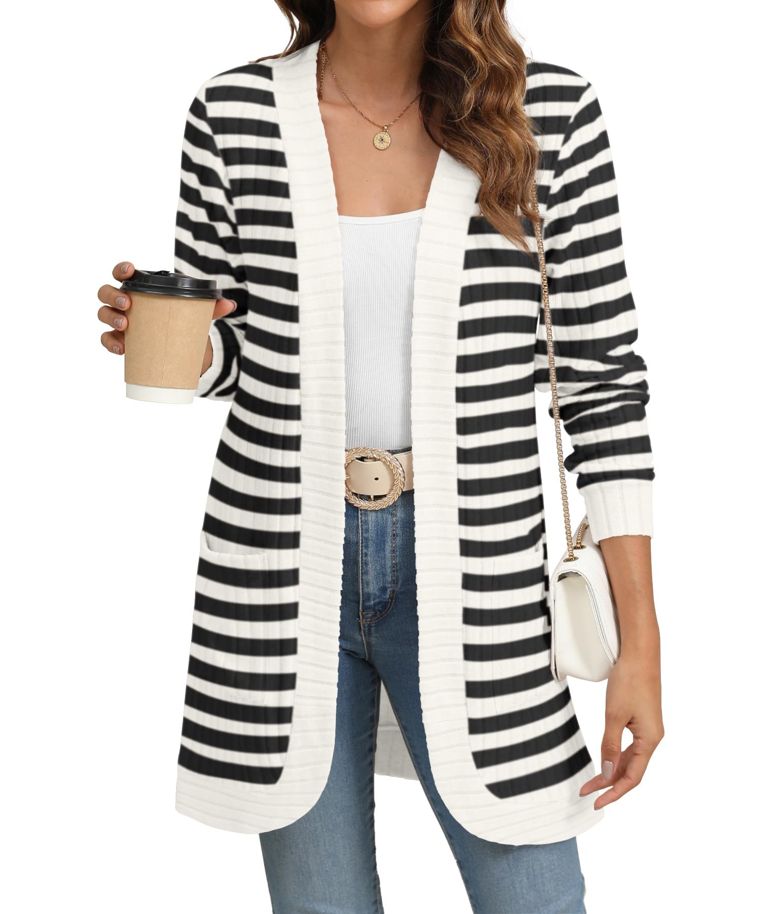 Women Long Sleeve Open Front Cardigan Casual Lightweight Long Cardigans Loose Knit Outwear with Pockets