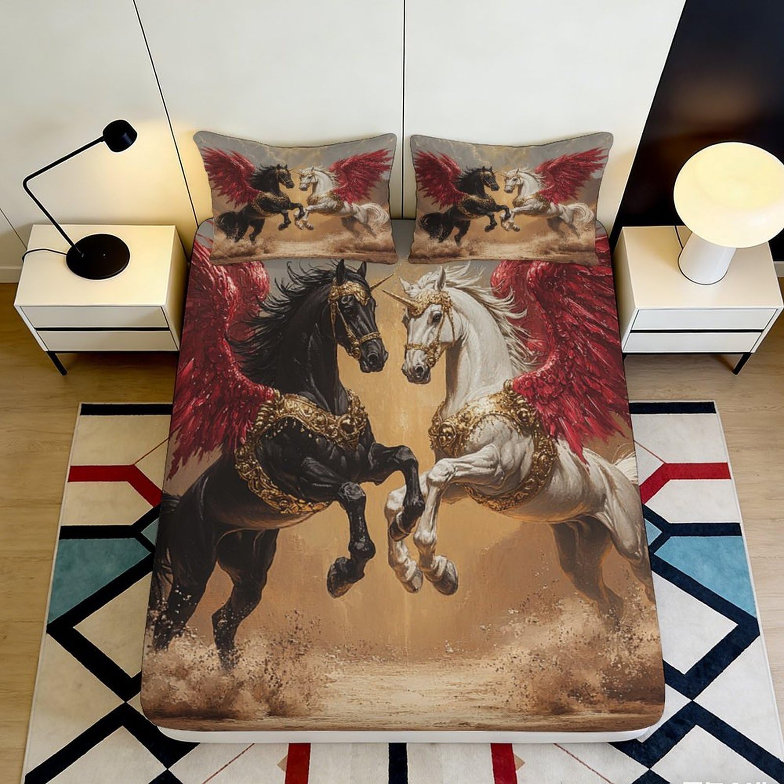 3D Printed Pegasus Unicorn Fitted Sheet Microfiber Red Wings Bed Cover for Bedroom Guest Room Mattress Protection Decor 180x200x25cm