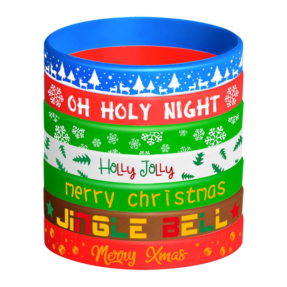 FEPITO 42 Pieces Christmas Silicone Wristbands Rubber Band Bracelets for Christmas Party Decoration Supplies 7 Merry Xmas Style