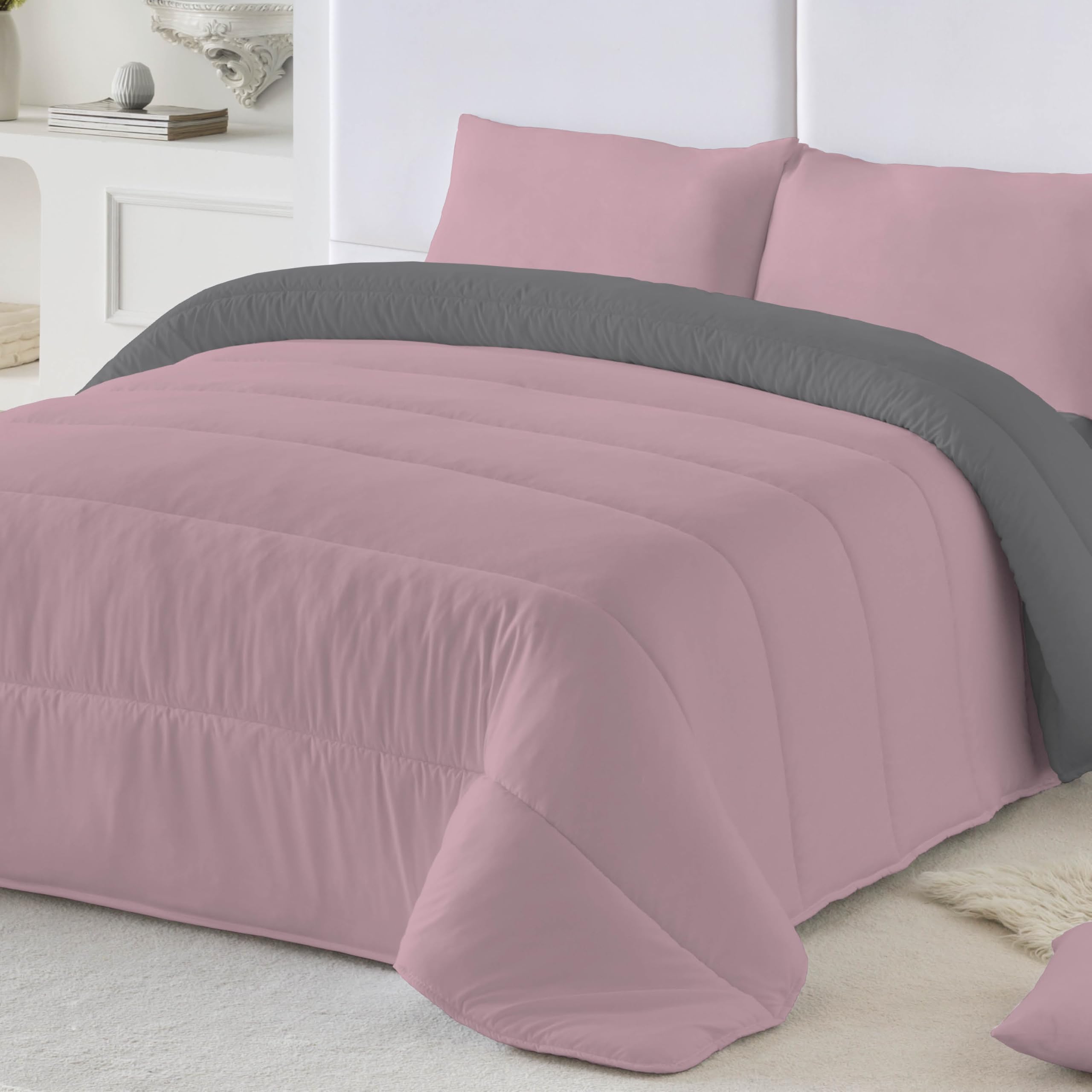 NATURALS - Edredón Nórdico 300 Gramos Liso Bicolor - Reversible - Microfibra Extrasuave - Acolchado Gran Confort y Transpirable - Rosa Viejo/Gris - Cama 90/105 (180x260 cm) - Fabricado en España