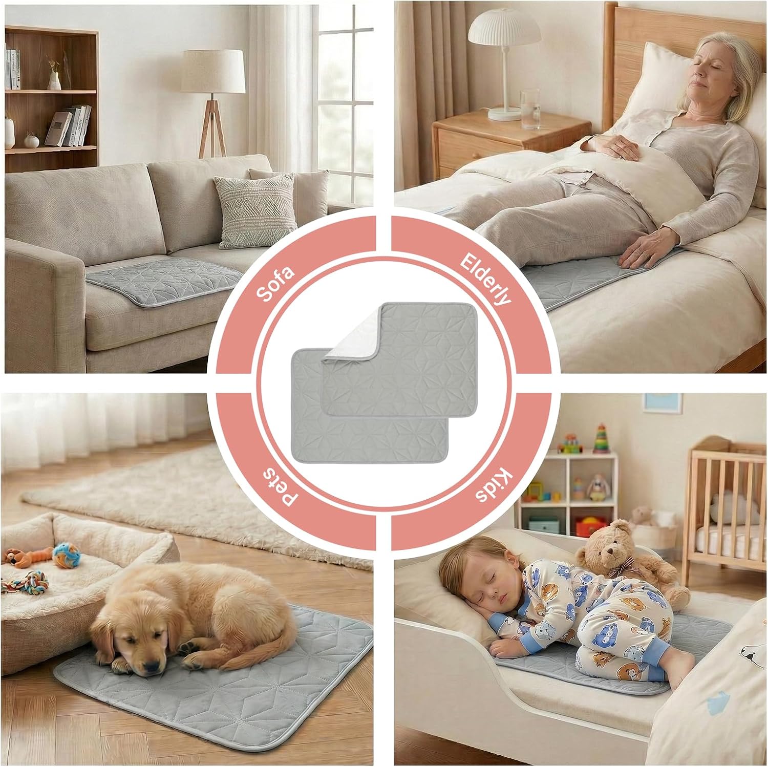 2 Pack Washable Underpads 18"x24", Waterproof Reusable Bed Pads Quilted Absorbency Incontinence Bedwetting Mattress Protector for Sofa & Couch, Perfect for Kids, Adults, Elderly and Pets, Gray