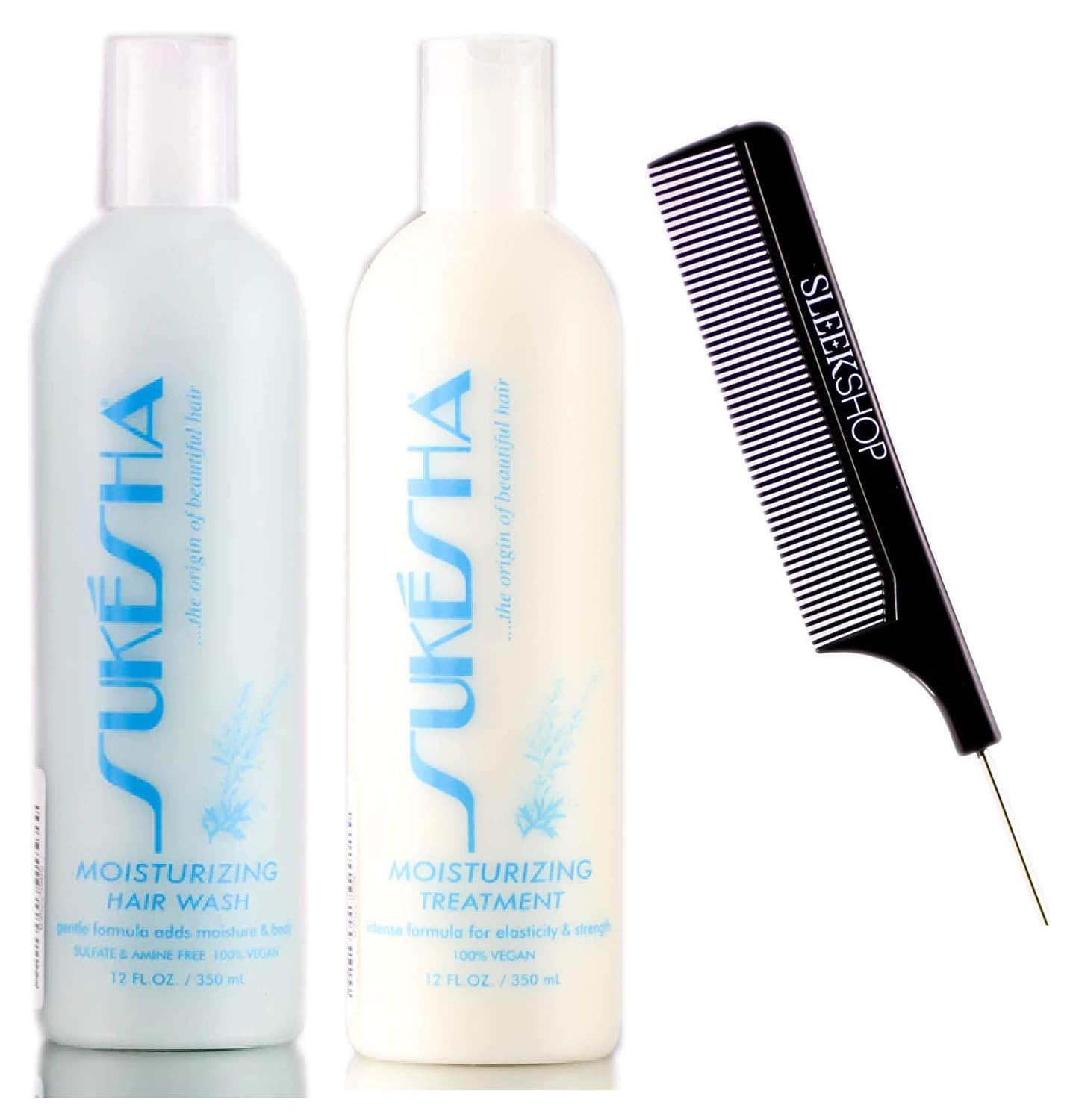 Sukesha Moisturizing Hair Wash Shampoo & Moisturizing Treatment Conditioner DUO Set (w/Sleek Comb) Dry, Brittle, Chemically Treated Hair, 100% Vegan (12 oz + 12 oz DUO KIT)