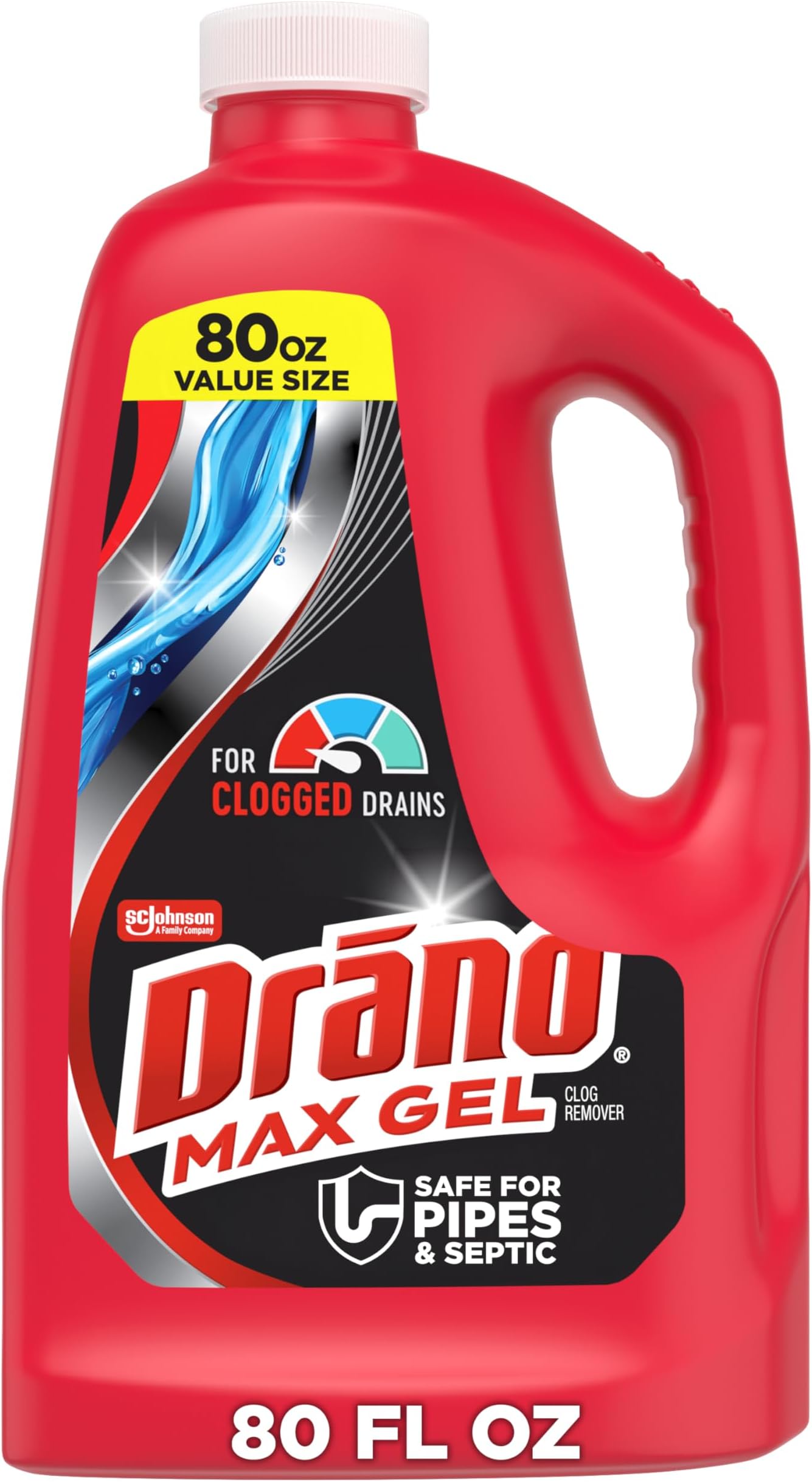 Max Gel Drain Clog Remover & Cleaner, Fast-Acting to Unclog Standing Water & Remove Hair, Grease & Food Blockages, Safe for all Pipes & Septic, Kitchen Sinks, Bathroom Showers & Tubs, 80 Oz