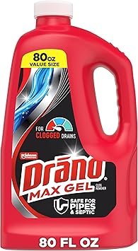 Drano Max Gel Drain Clog Remover & Cleaner, Fast-Acting to Unclog Standing Water & Remove Hair, Grease & Food Blockages, Safe for all Pipes & Septic, Kitchen Sinks, Bathroom Showers & Tubs, 80 Oz