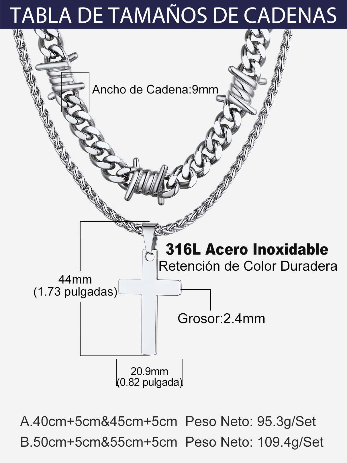 Bandmax Cadena Hombre Cubana Púa Espinas 5/7/9/12mm Ancho, Collar Apilado Gotico Hip Hop Motociclista Punk, Incluye Joyero