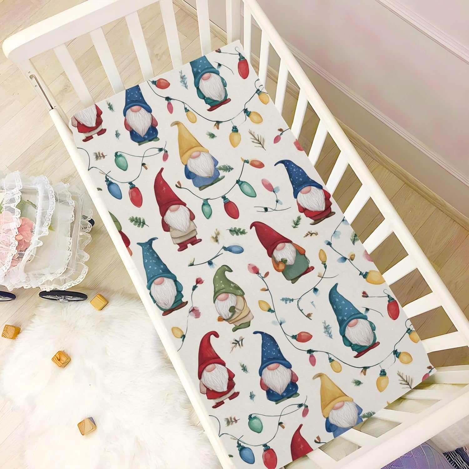 Crib Sheets for Boys Girl Christmas Gnomes Neutral Mini Crib Mattress Sheets Fitted,Lights Toddler Baby Sheets for Crib Mattress Soft & Breathable 39 * 27 * 5In