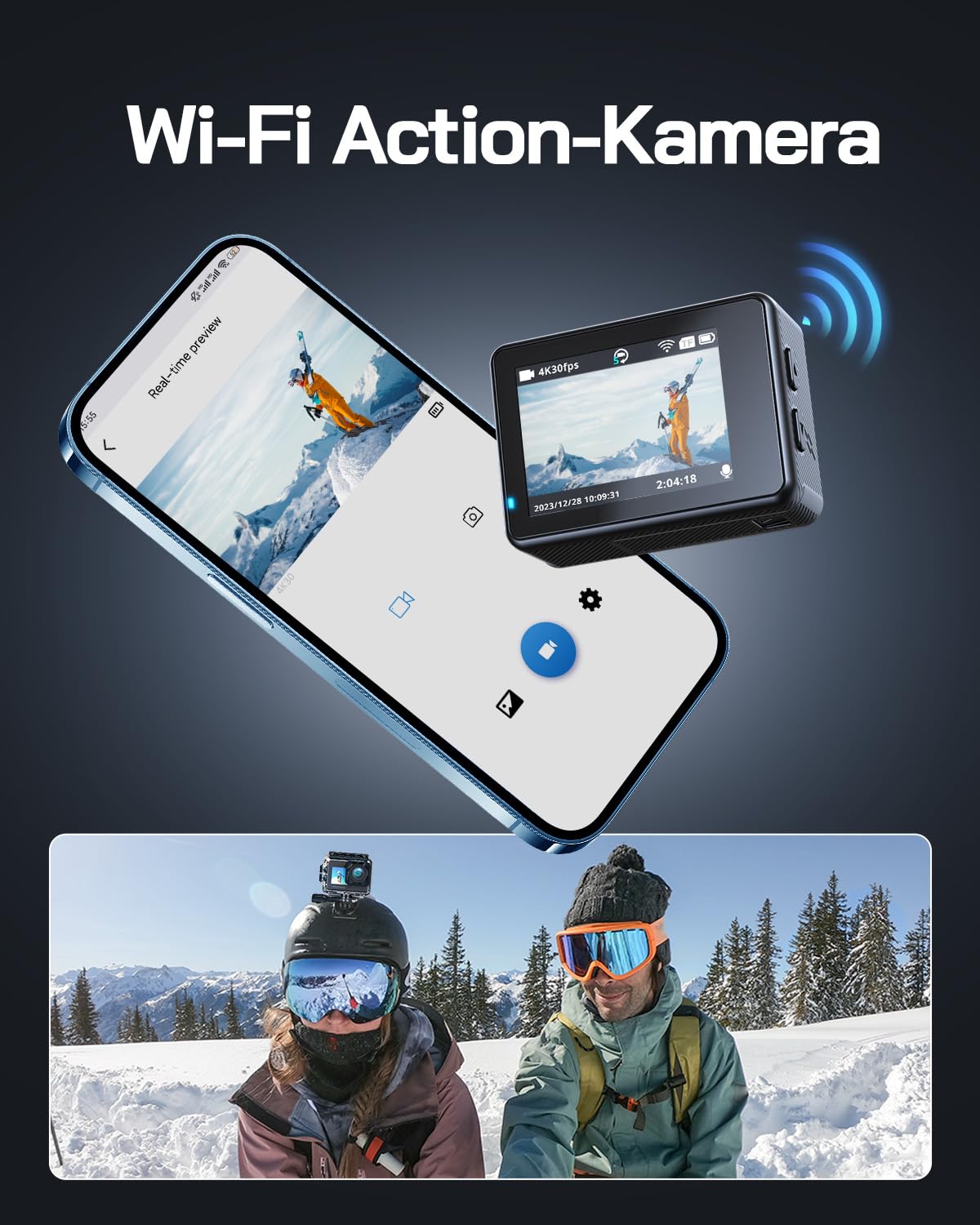 WOLFANG GA120 Action Cam 4K 20MP WiFi, Unterwasserkamera 40M Wasserdicht Kamera, 170° Weitwinkel Dual Screen Vlogging Kamera mit EIS Bildstabilisierung, Helmhalterung Zubehör Kits
