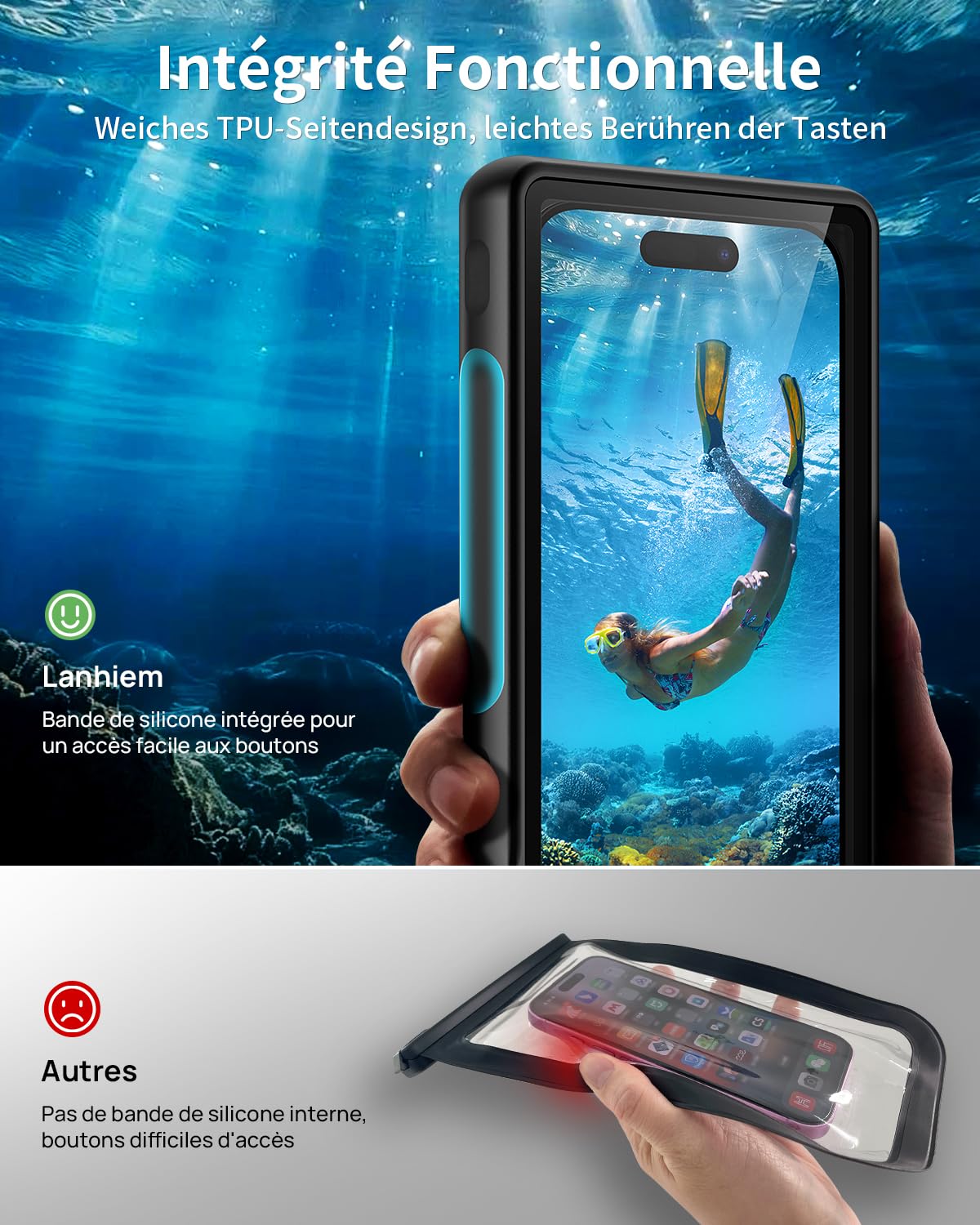 Lanhiem Pochette Étanche 15M [Universelle] Coque Téléphone IPX8 Plongée Professionnel Étui pour iPhone Samsung Galaxy Huawei XiaoMi RedMi Goole Pixel et Smartphone 4.7-6.9'' sous Marine Housse, Noir