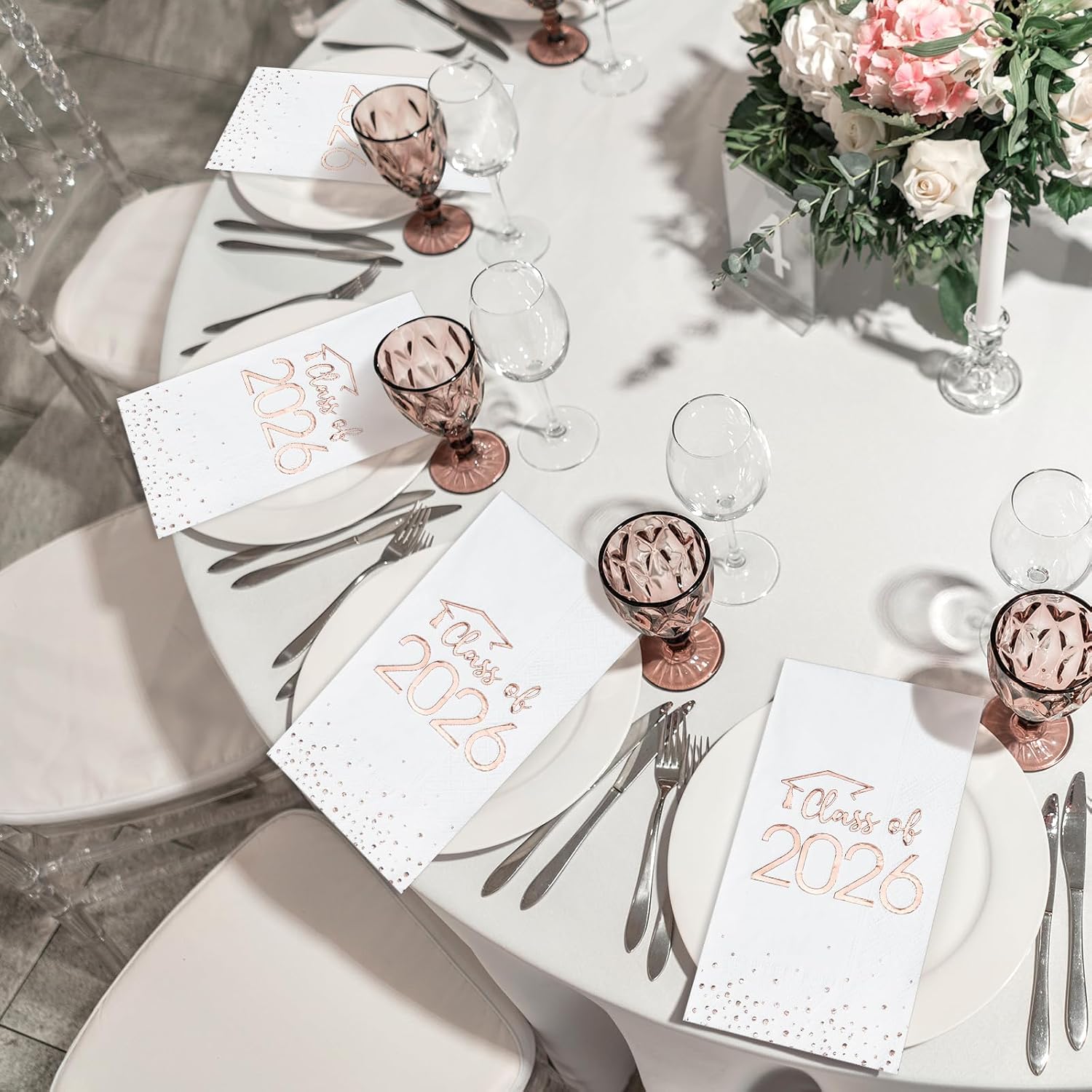 200pcs Class of 2026 Graduation Napkins, Disposable Congrats Grad Cocktail Napkins Foil Dot Paper Hand Towels for 2026 High School University College Graduation Party Decorations (Rosegold)