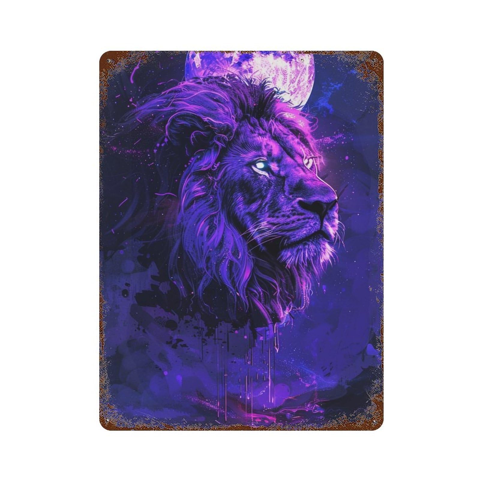 Purple Lion Moon Art Print Vintage Metal Tin Sign 15.7"x11.8", Ideal for Living Room, Hallway And Home Decor