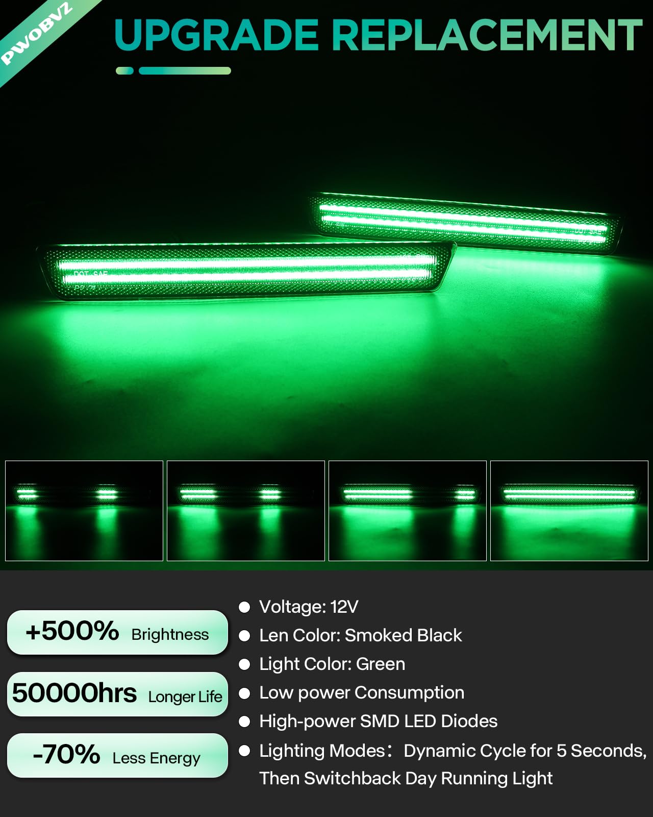 Dynamic Green LED Side Marker Light for Dodge Challenger 2015 2016 2017 2018 2019 2020 2021 2022 2023 Smoked Len Front Rear Green Bumper Fender Lamps, Pack of 4