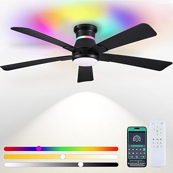 Surtime 52" Black Ceiling Fans with RGB Lights - Flush Mount Ceiling Fan Light with LED 3CCT Dimmable, Modern Low Profile Ceiling Fans for Indoor Party,Covered Outdoor