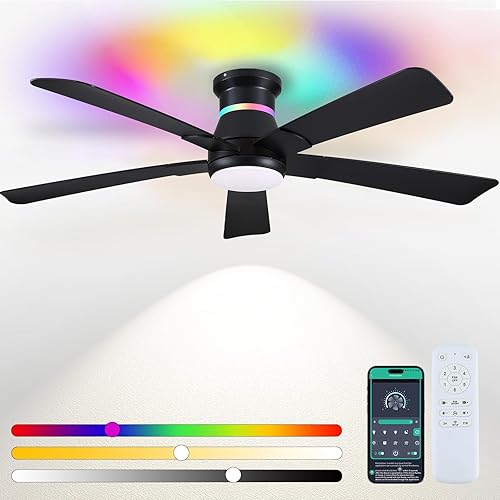 52" Black Ceiling Fans with RGB Lights - Flush Mount