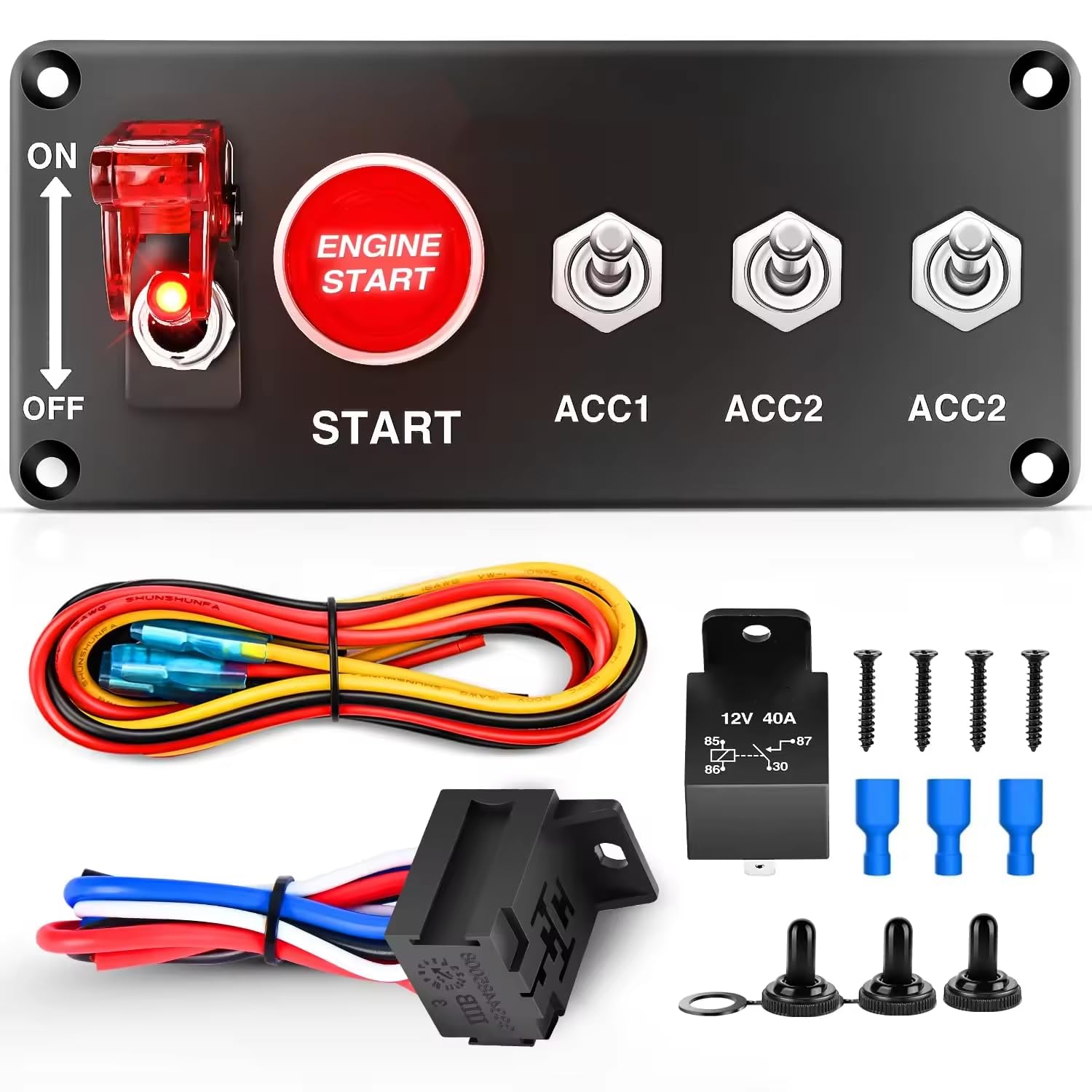 5-in-1 Racing Car Ignition Switch Panel with Engine Start Button 12V 24V Universal Car Light Switch Panel Off Road LED Illuminated Toggle Switch ON Off for Truck RV Marine Boat Trailer, Red