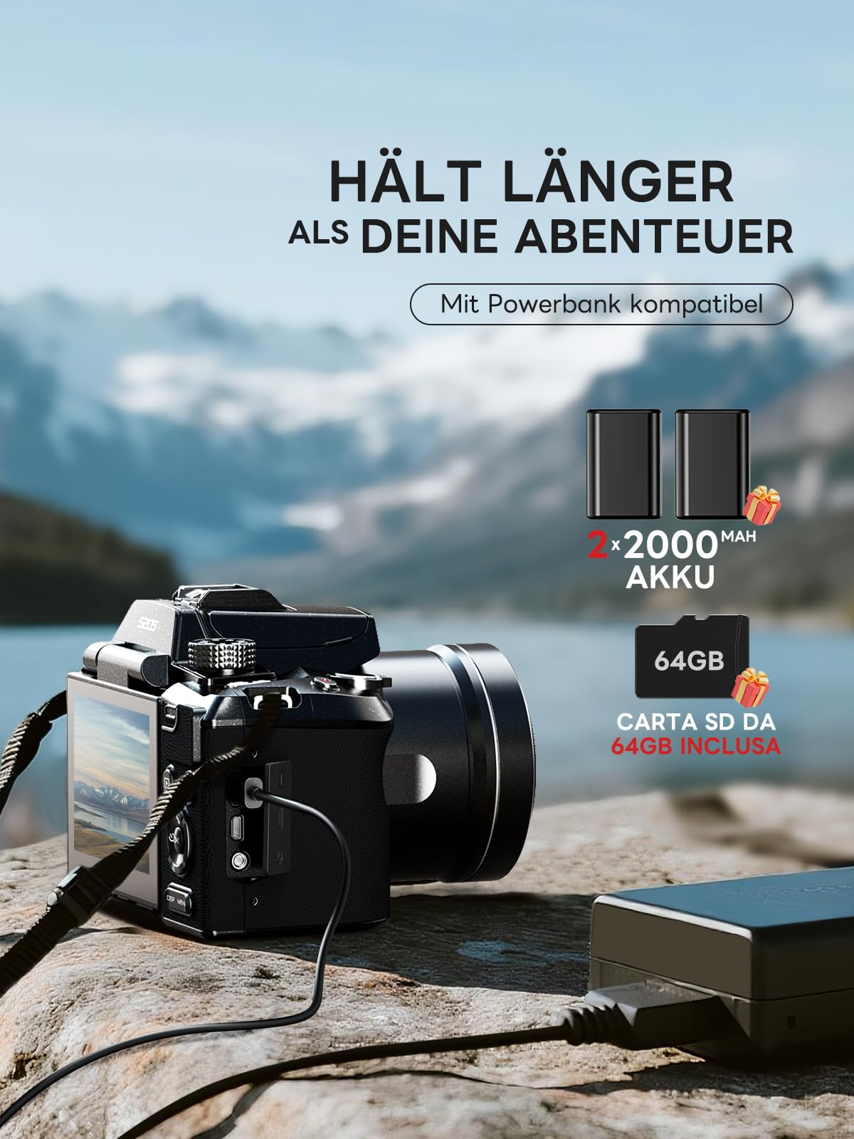NBD 8K Digitalkamera 64MP Autofokus 16X Zoom F1.8 Nachtsicht WiFi Leichtes Vlogging Kit 64GB Karte 2 Akkus Schwarz