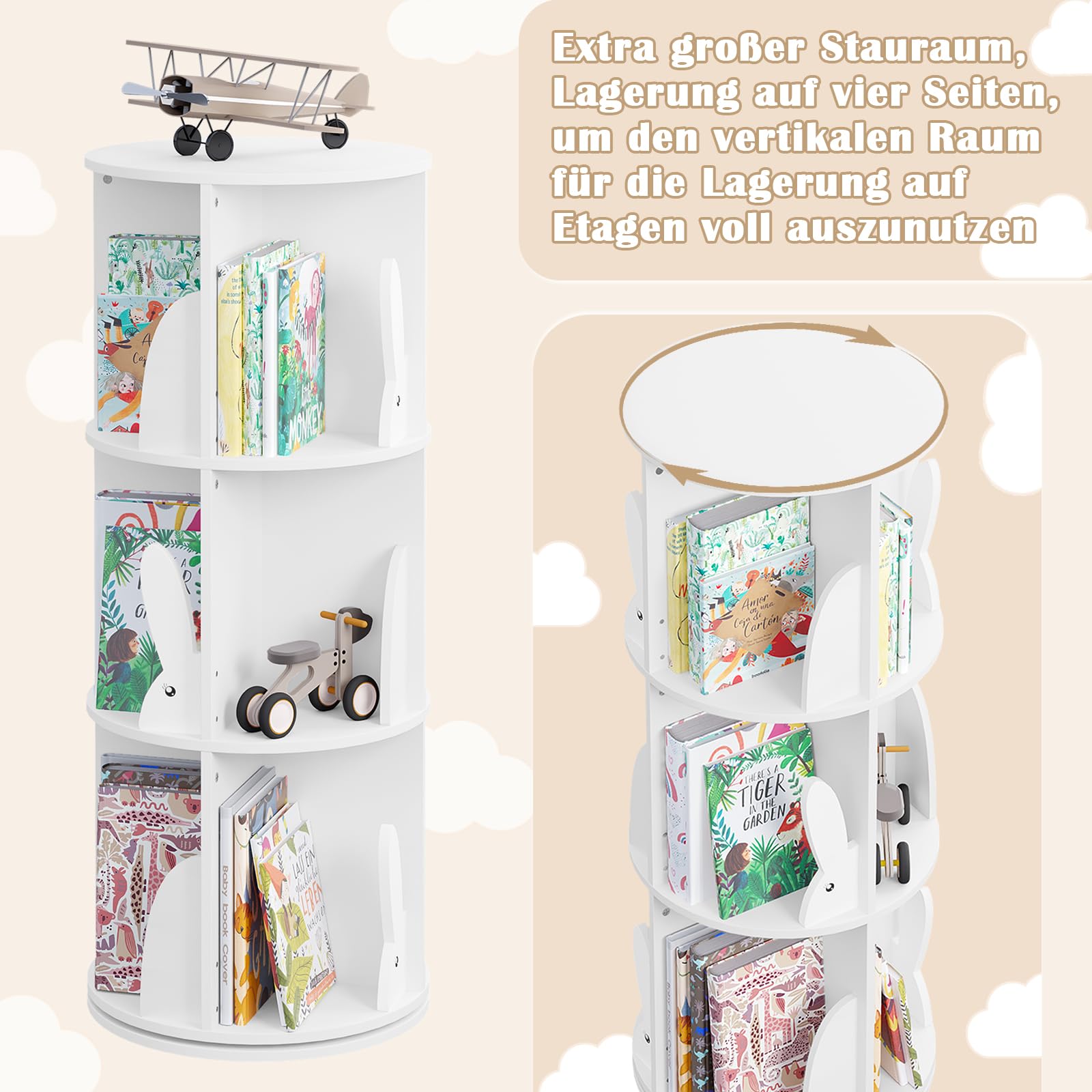 WOLTU Bücherregal Kinder, drehbares Kinderregal mit 3 Ebenen, Bücher Regal Kinderzimmer Wohnzimmer, Drehregal Spielzeugregal Kinderbücherregal Standregal, freistehend, Weiß