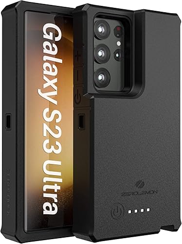 ZeroLemon Funda de batería para Galaxy S23 Ultra 10000mAh, carga súper rápida, soporte inalámbrico, cubierta de cargador extendida ZeroShock - Negro