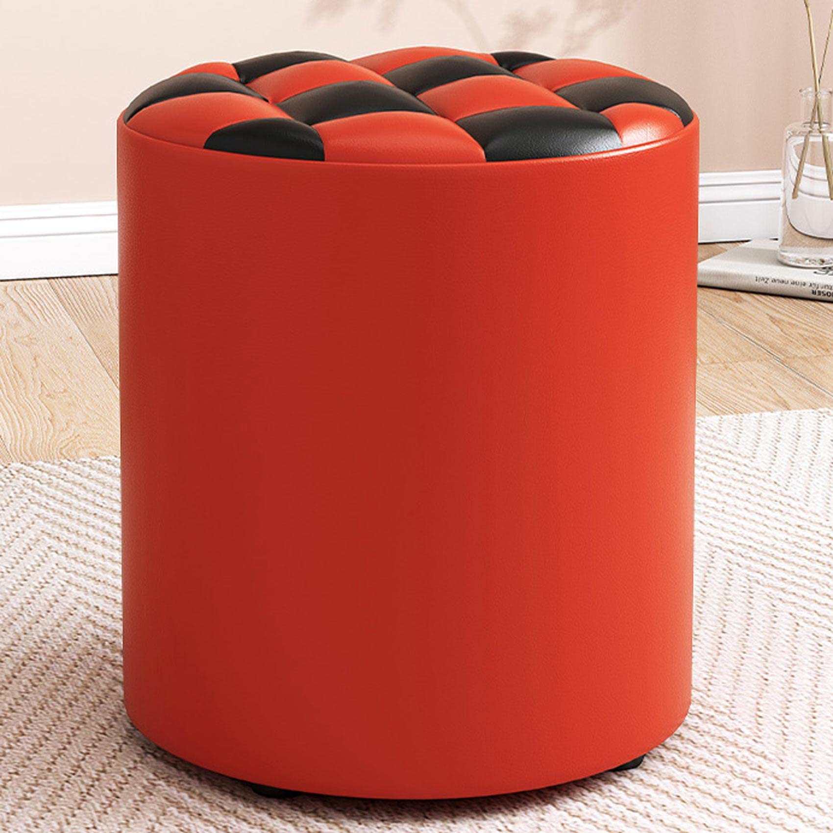 Round Leather Footstool for Living Room and Bedroom Red and Black 31x35cm