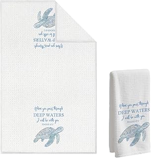 Christian Sea Turtle Waffle Towel, Bible Verse Isaiah 43:2 Hand Towel, Turtle Dish Tea Towels.16x24 Inch. Decor For Coastal Bathrooms/Kitchens. Gift For Women Religious & Sea Loving Friends.