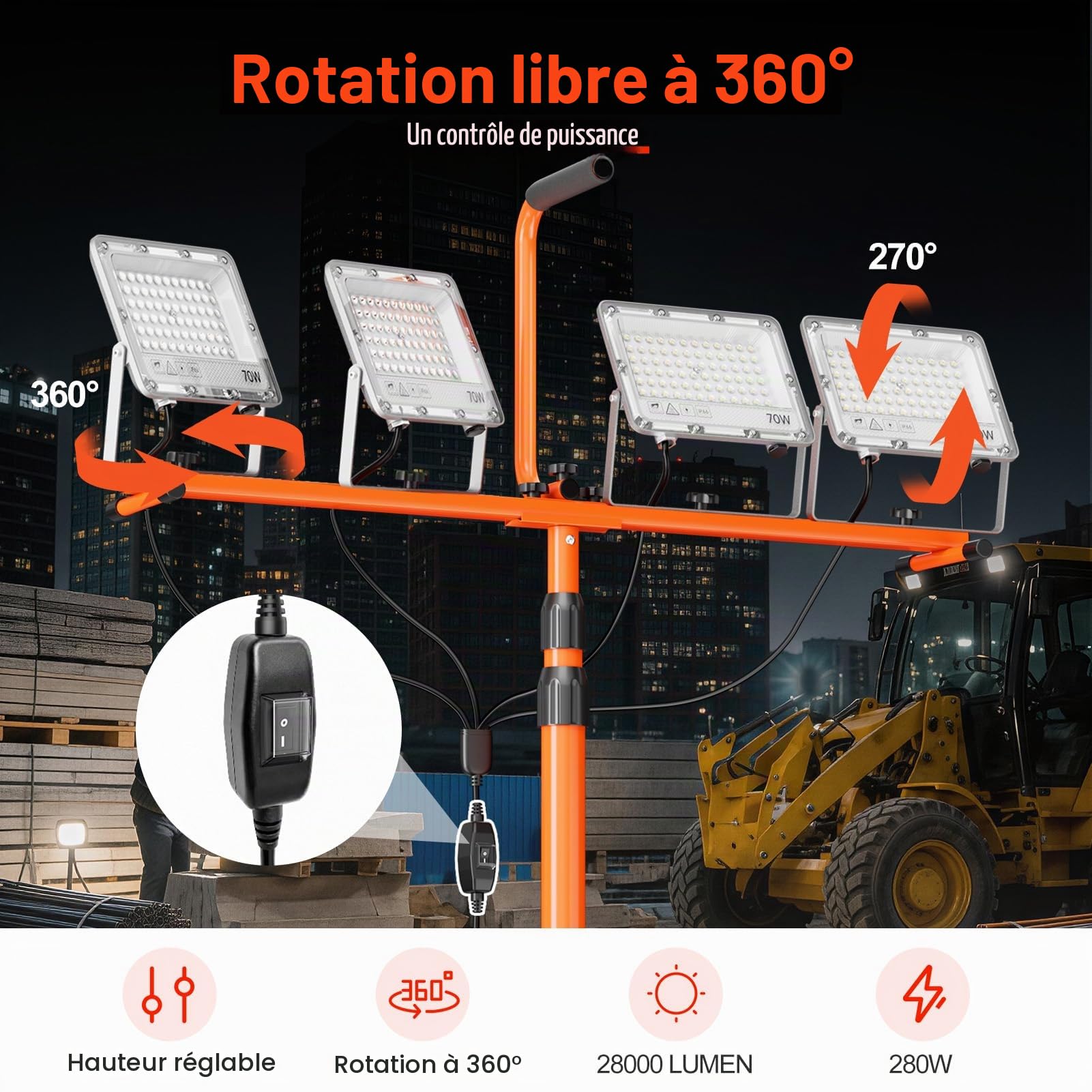 EMART Projecteur Chantier LED sur Trépied 280W 28000LM Lampes avec Roulette | Réglable, Lampes de Travail avec Câble de 5M, Étanche IP66 Lampe Chantier Projecteur sur Pied pour Ateliers et Chantiers