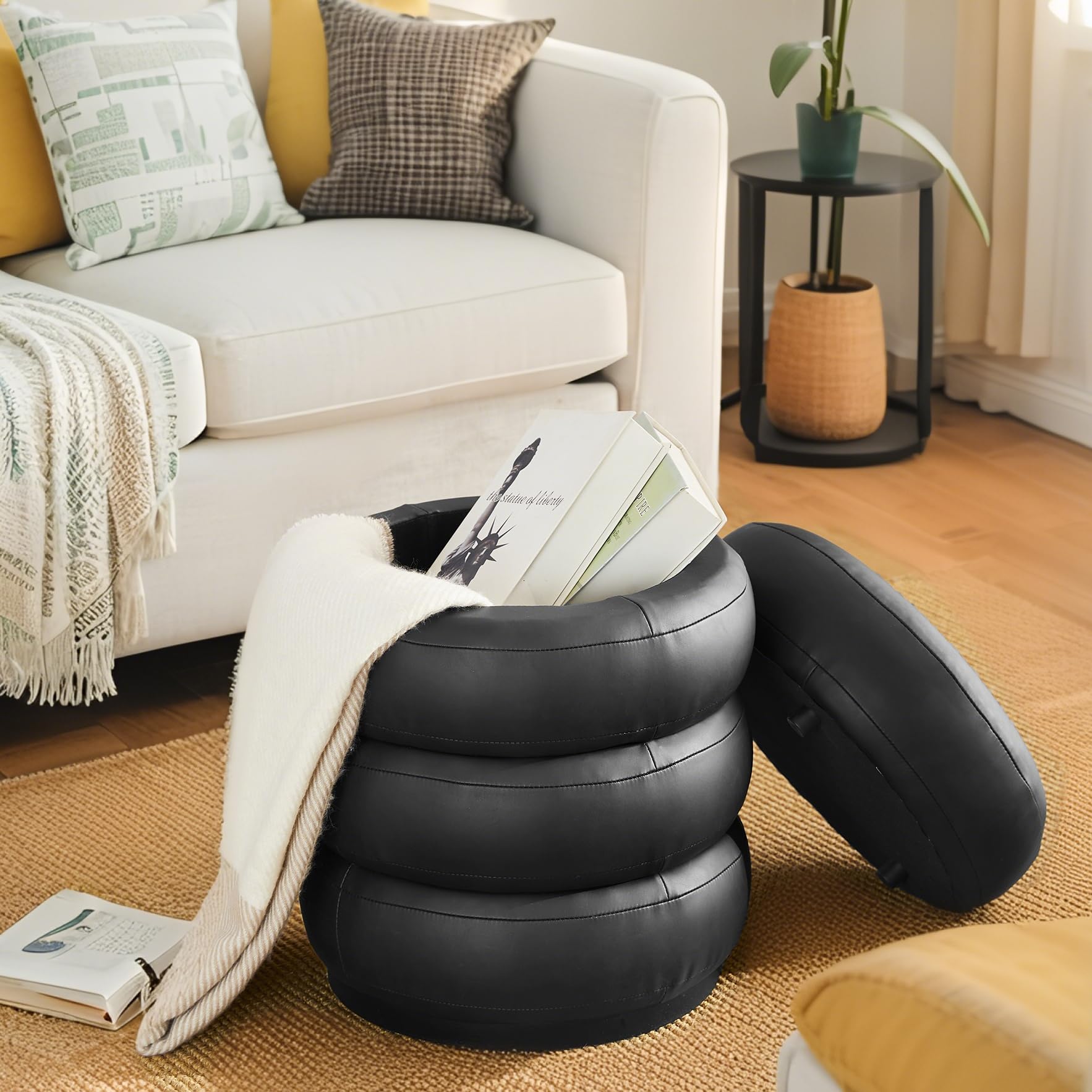 Glitzhome 19.5”H Modern Storage Ottoman, Leatherette Accent Footrest Ottoman, Upholstered Round Vanity Foot Stool with Removable Lid for Couch, Sofa,