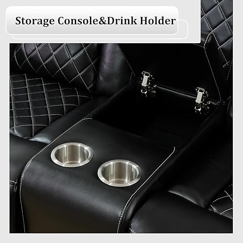 Miniatura 8 de Juego de sofá reclinable eléctrico con LED, juego de sofá reclinable de cuero, juego de muebles de sala con carga USB (versión estándar negra, total