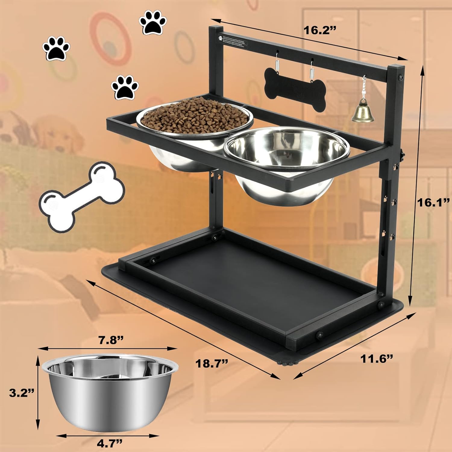 Elevated Dog Bowls, Raised Stand for Large and Medium Dogs, Adjustable Height With Two 58oz Stainless Steel Food Bowls and Spill Proof Mat - Image 4