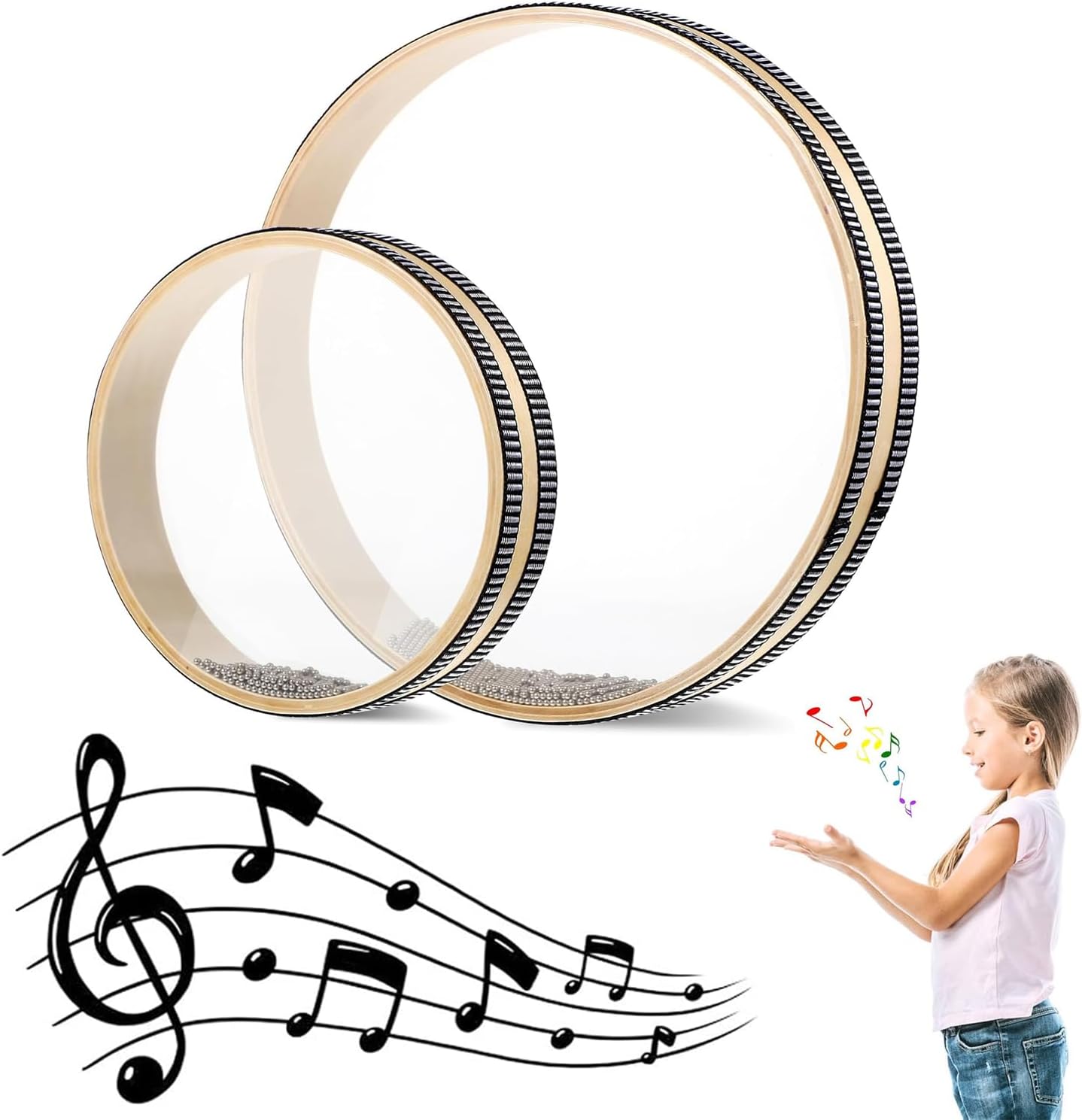 QUEENADA 2 Pcs Sea Wave Sound Drum - Wave Bead Hand Percussion With Hardwood Shell, Ocean Sound Musical Instrument for Home School Supplies (8 Inch, 10 Inch)