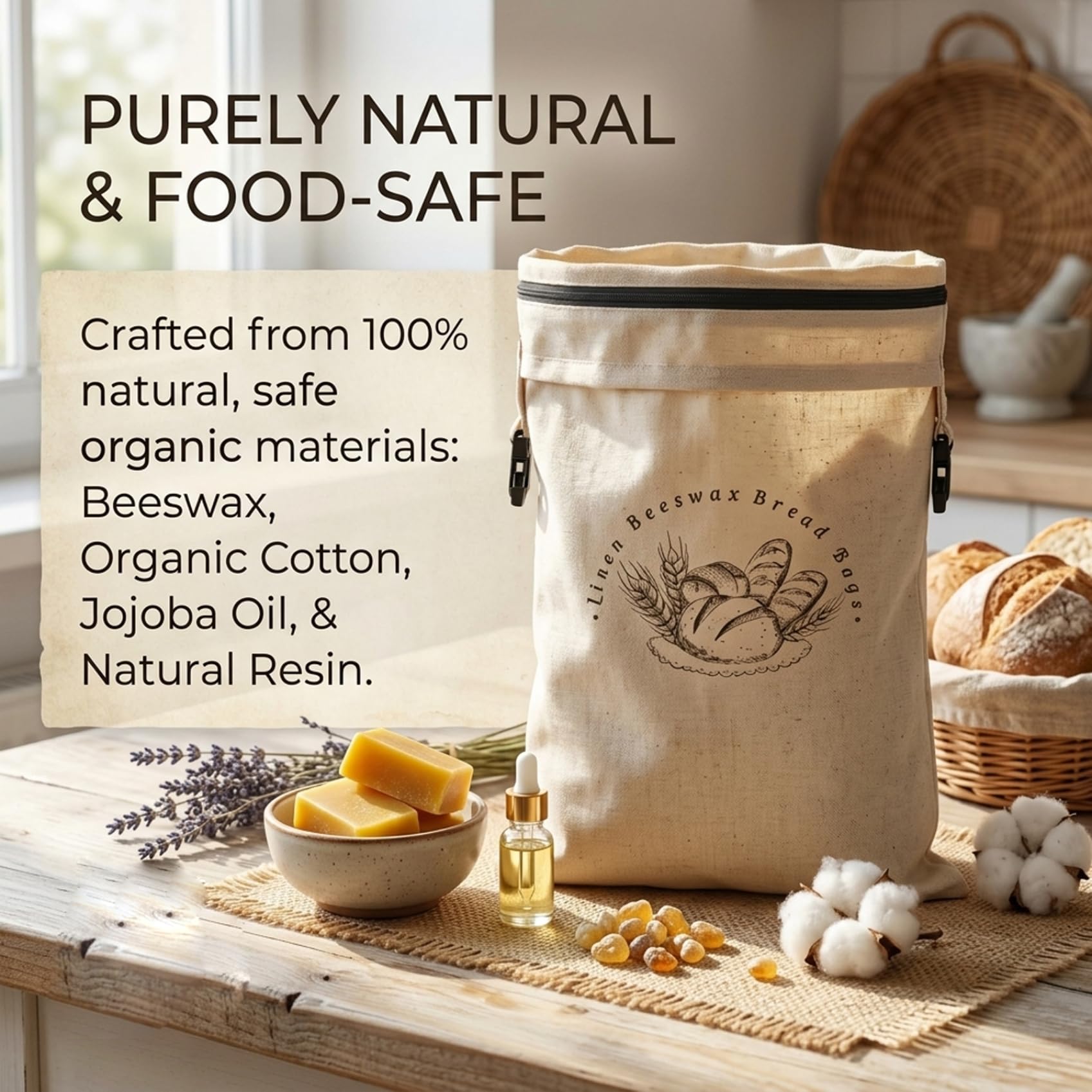 Bolsas de pan de cera de abejas, paquete de 2, bolsa de pan de masa madre reutilizable con cremallera y correa, revestimiento de cera de abejas natural sobre algodón orgánico para mantener fresco, 17