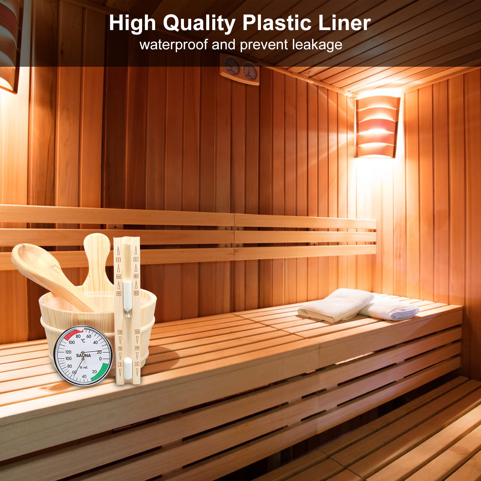 Saunazubehörset 5-Teilig Saunaeimer Set, Naturbelassenem Holz Saunakübel Saunakelle, Sauna Eimer Set, Temperaturmessgerät | Sanduhr (A)