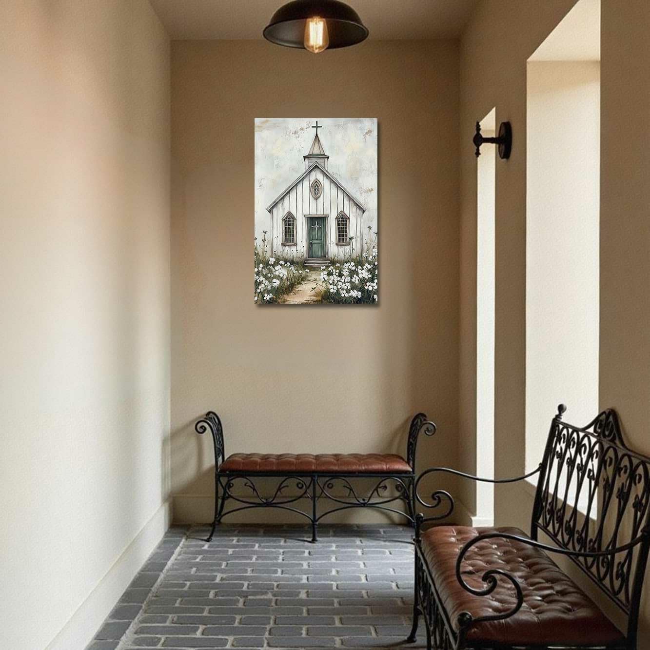 LZIMU Christian Church Wall Art Country Farmhouse Church Picture Religious Faith Cross Painting Rustic Vintage Wildflowers Canvas Print Gray Artwork Home Decor (18L x 12W)