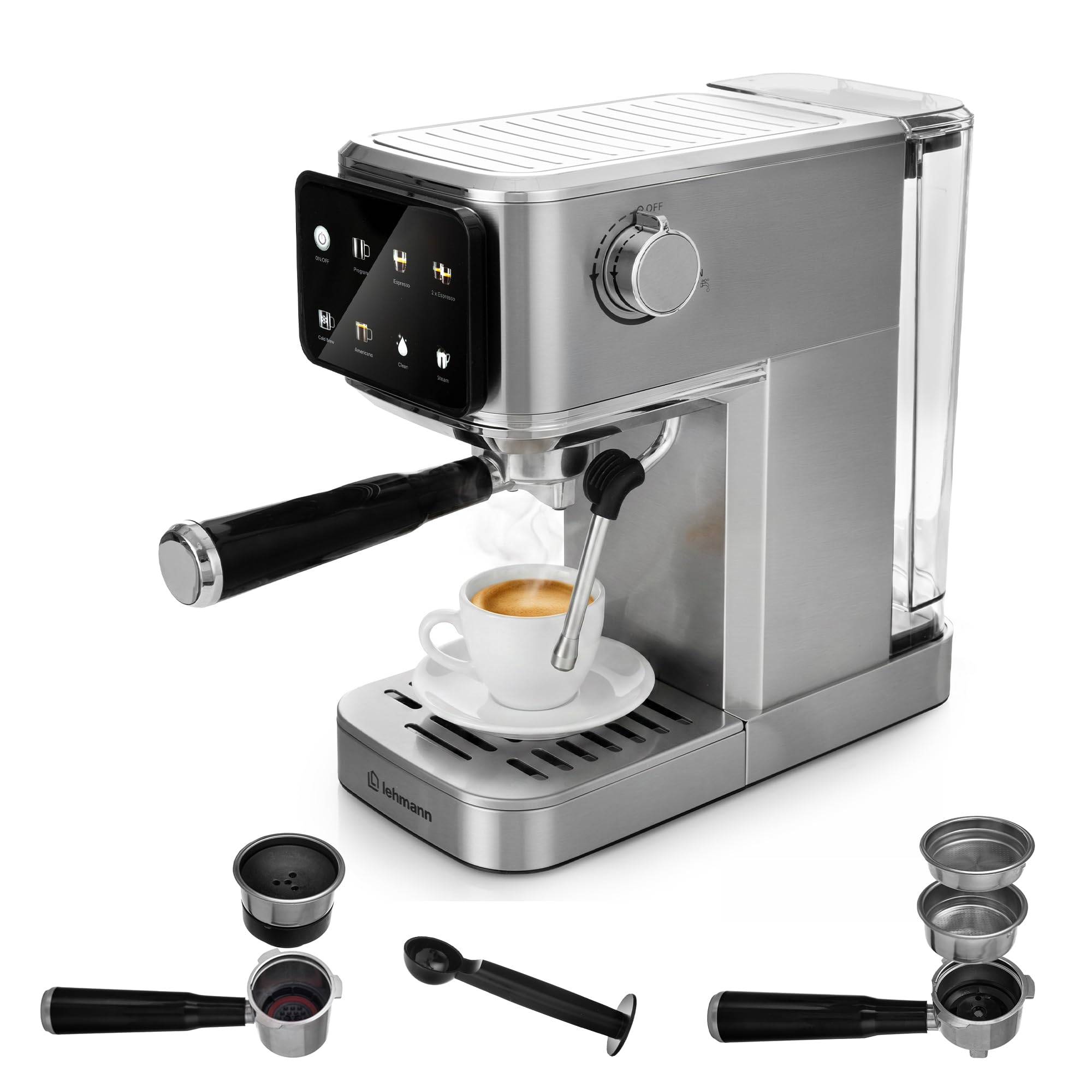 LEHMANN Bellagio Macchina Espresso 20 Bar con Montalatte | Per caffè macinato e capsule da 37 mm, display LCD touch, Cold Brew, Americano, serbatoio acqua 1,2 L