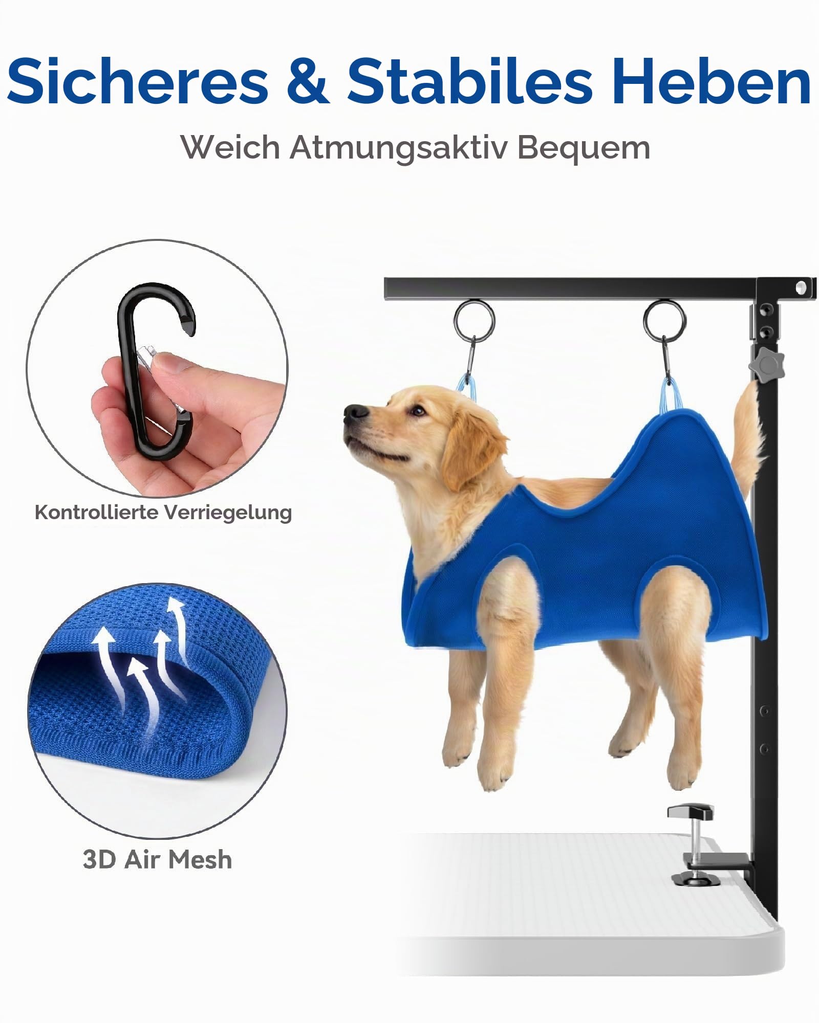 Hundepflege-Halterung für den Tisch - Fellpflegearm für Hunde – Höhenverstellbar 66-102 cm – Inkl. Pflege-Hängematte & Anti-Sitz-Gurt – Stabiler Trimmarm für Hundepflege, Baden & Scheren